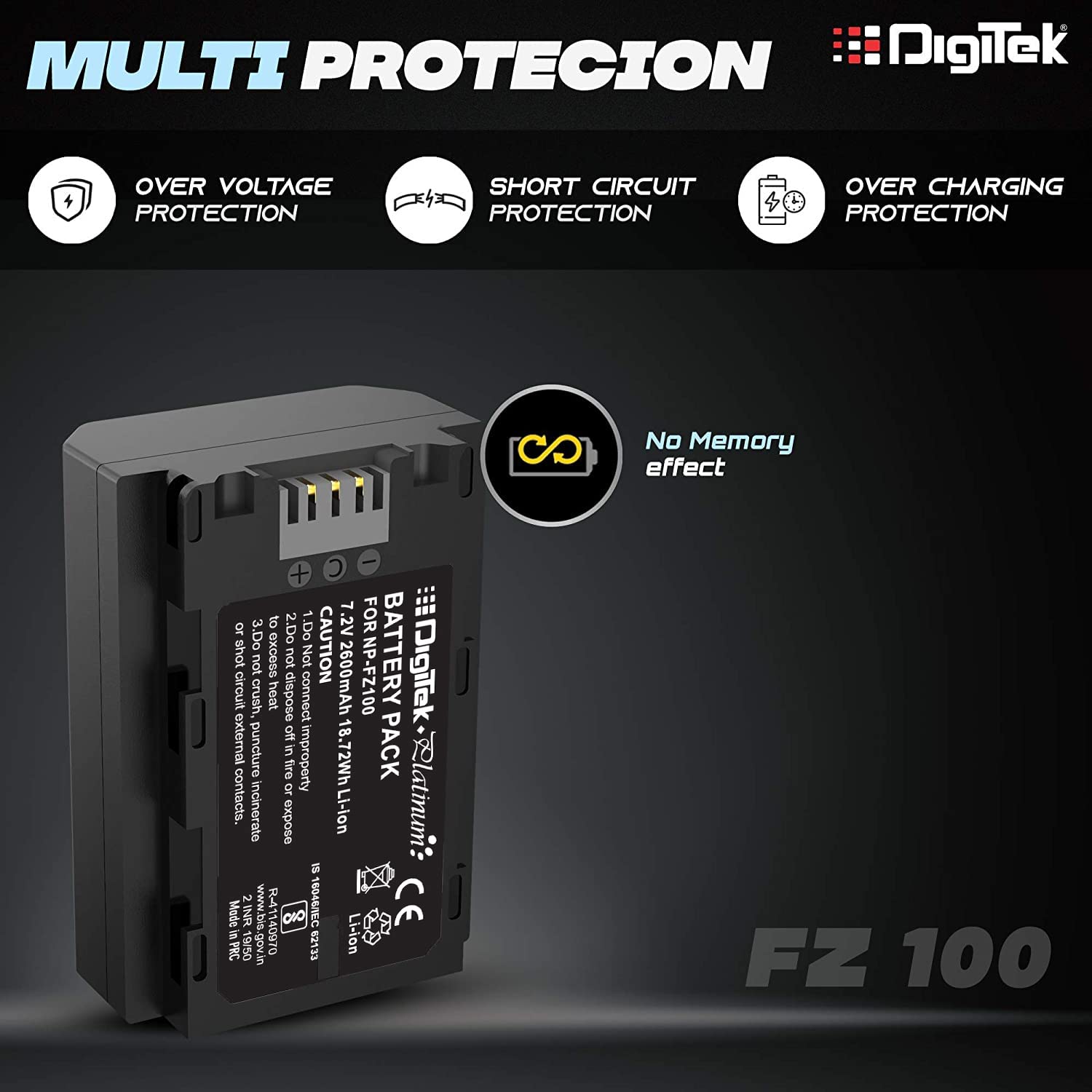 Digitek (FZ-100) Platinum FZ-100 2600 mAh Secondary Rechargeable Lithium-ion Battery for Sony Digital Camera, Compatibility - for Alpha a9 II, Alpha a9, Alpha a7R IV, Alpha a7R III, Alpha a7 III, Alpha a6600 - Digitek