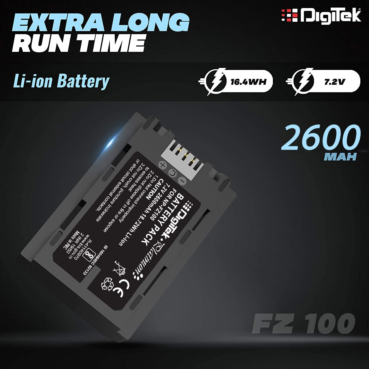 Digitek (FZ-100) Platinum FZ-100 2600 mAh Secondary Rechargeable Lithium-ion Battery for Sony Digital Camera, Compatibility - for Alpha a9 II, Alpha a9, Alpha a7R IV, Alpha a7R III, Alpha a7 III, Alpha a6600 - Digitek