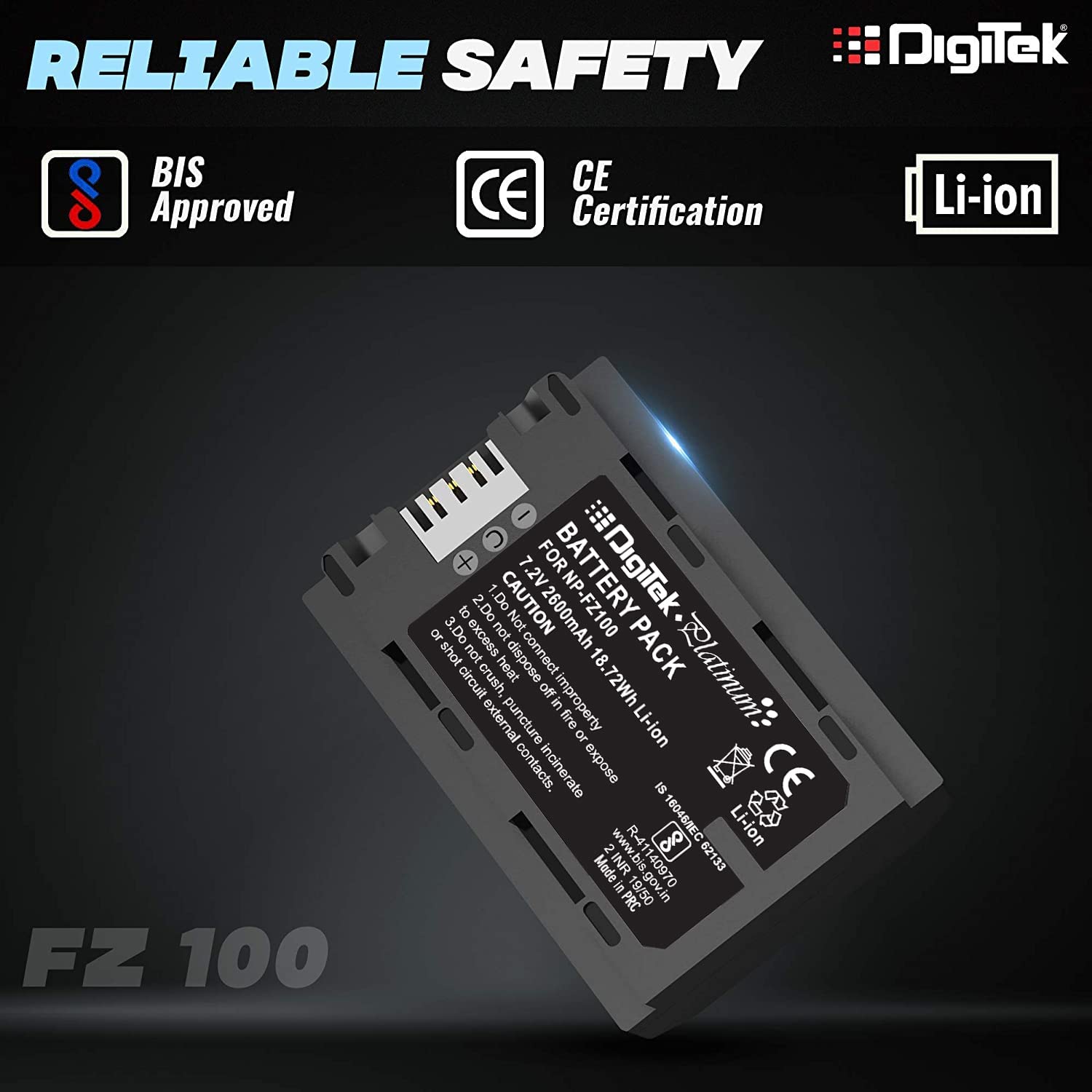 Digitek (FZ-100) Platinum FZ-100 2600 mAh Secondary Rechargeable Lithium-ion Battery for Sony Digital Camera, Compatibility - for Alpha a9 II, Alpha a9, Alpha a7R IV, Alpha a7R III, Alpha a7 III, Alpha a6600 - Digitek