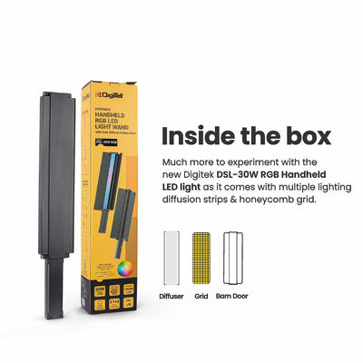 Digitek (DSL-30W RGB) Portable Handheld RGB LED Light Wand with Grid, Diffuser & Barn Door Comes with a 5200mAh Built in Battery Pack. - Digitek
